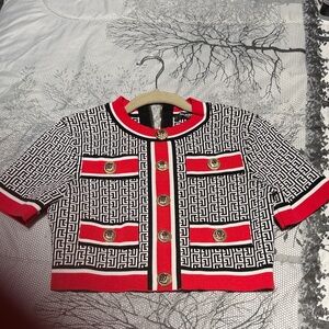 Balmain Red and Black Geometric Patterned Top